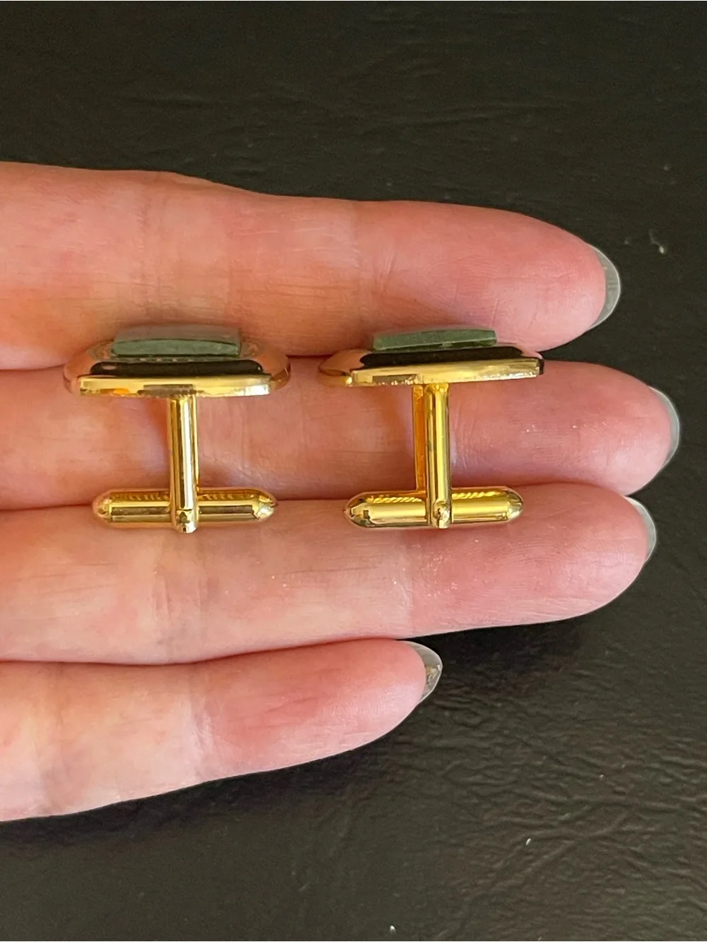 SWANK Gold-Tone Cufflinks and Tie Tack with Green jade Stone Centers